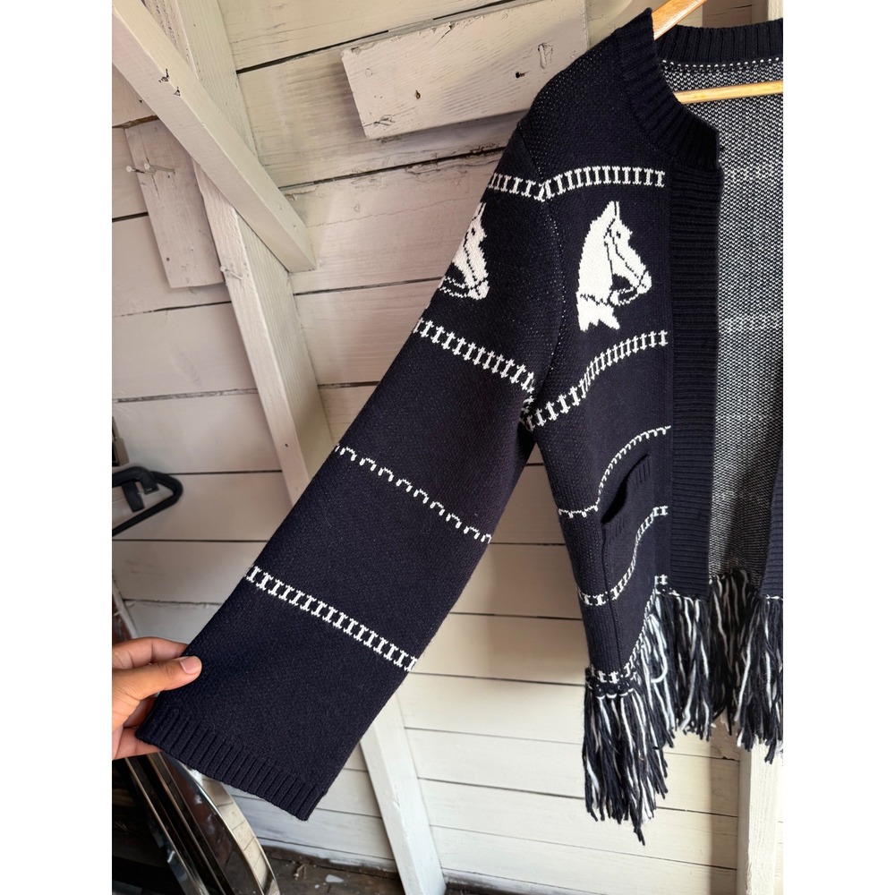 Commense Black White Horse Intarsia Fringe Cardigan Wool Blend Sweater Womens M - Picture 2 of 8